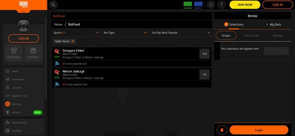 888sport BetFeed showing live table tennis match odds, potential issue with 888sport deposit not showing up.