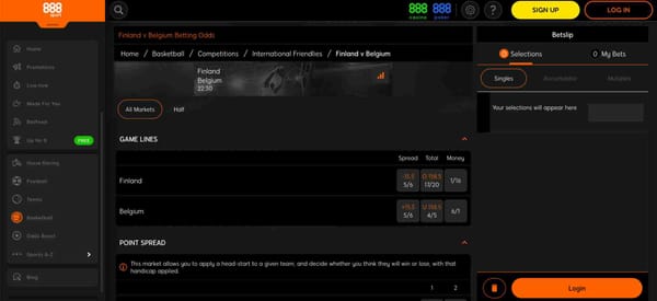 888sport basketball betting odds for Finland vs Belgium showing spreads, totals, and moneyline options.