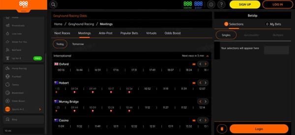 888sport greyhound racing odds and meetings page, showing race times and betting options