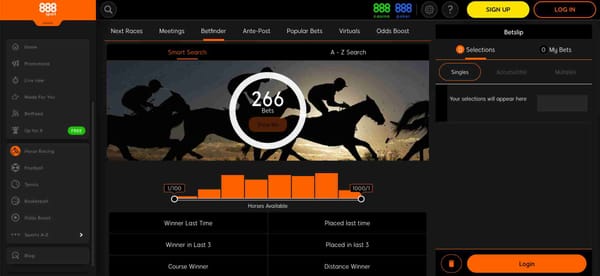Screenshot of 888sport Betfinder showing horse racing betting options and odds.