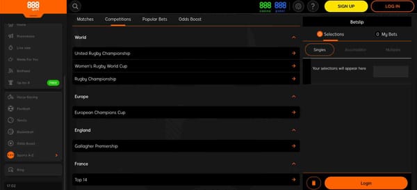 888sport Visa deposit Nigeria – rugby competitions betting menu with World, European, and national leagues