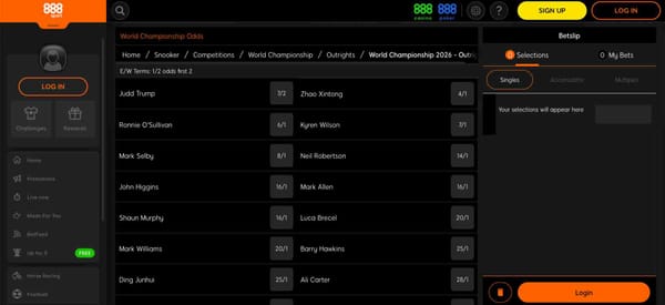 88sport World Snooker Championship betting odds showing players and prices, relevant for users checking bets while facing 888sport withdrawal pending for more than 24 hours issues.