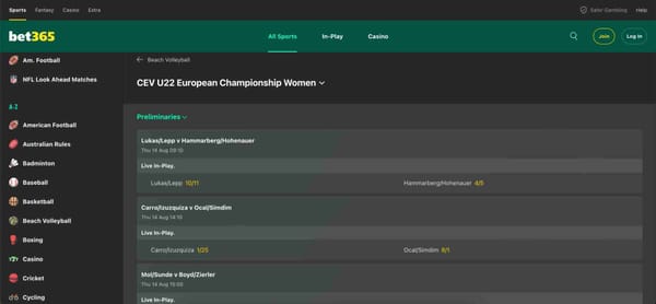 Bet365 beach volleyball odds display for CEV U22 European Championship Women with betting options