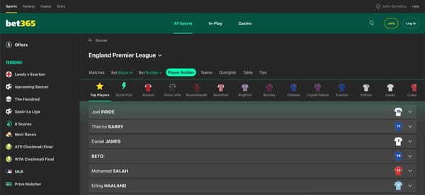 Bet365 soccer betting dashboard showing Premier League player options – does Bet365 require KYC for account access?