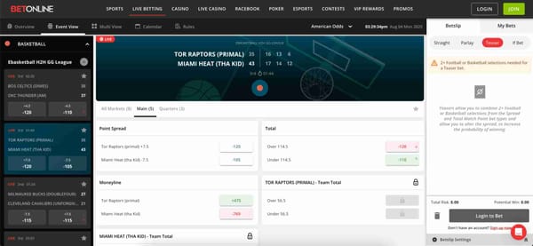 Live basketball betting screen on BetOnline, showing point spread and moneyline options—ideal for users interested in BetOnline EcoPayz deposit Malaysia features.