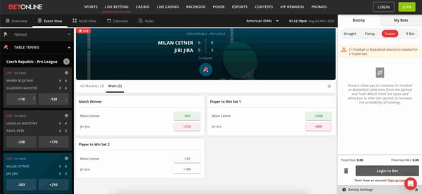 Live table tennis betting interface on BetOnline showing odds and match stats — useful for those asking, does BetOnline accept Airtel Money.