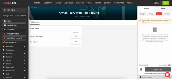 BetOnline MMA betting screen showing odds for Arman Tsarukyan vs Ilia Topuria, highlighting issues related to BetOnline accumulator bonus not paid.