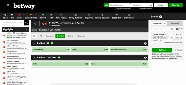 Betway basketball betting odds for Dallas Wings vs Washington Mystics, showing 2nd half markets and bet slip, relevant to the question is Betway legal in Tennessee.