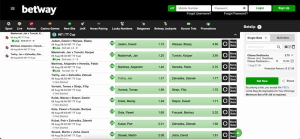 Live table tennis betting odds on Betway crypto deposit UAE platform
