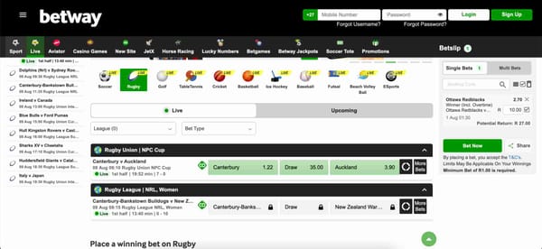 Betway rugby betting odds and fixtures page showing live match updates, login fields, and a message relevant to "Betway your details weren't recognised".