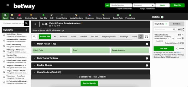 Betway soccer betting page showing Estoril Praia vs Estrela Amadora match odds – is Betway available in Botswana