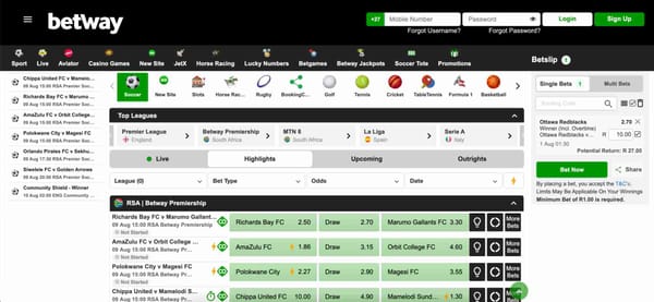 Betway sports betting interface showing upcoming soccer matches and odds, relevant to Betway withdrawal time Australia.