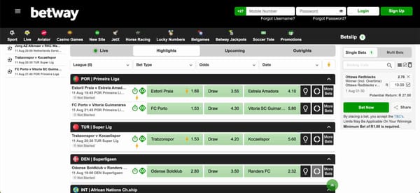 Betway sports betting interface showing upcoming matches, odds, and bet slip — example when your deposit limit cannot be increased Betway.