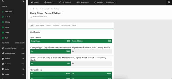 Betting odds for Chang Bingyu vs Ronnie O’Sullivan at the Saudi Arabia Snooker Masters on Unibet, useful for players checking when do Unibet bonus bets expire.