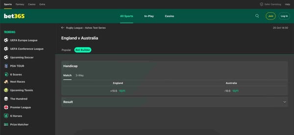 Bet365 handicap odds for England v Australia in the Rugby League Ashes Test Series, England +10.5 and Australia -10.5.