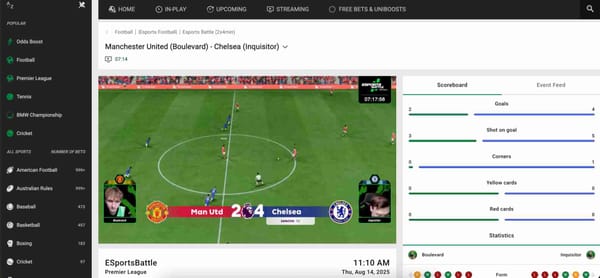 Esports football match between Manchester United and Chelsea on Unibet, showing live score and match statistics.