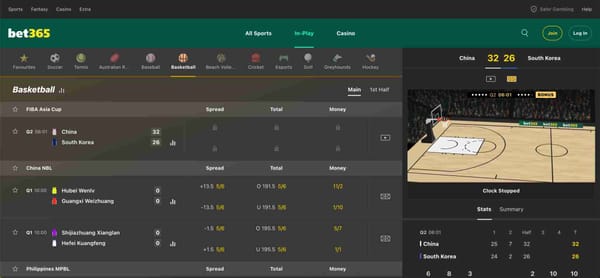 Live basketball betting screen on Bet365 showing China leading South Korea in the FIBA Asia Cup