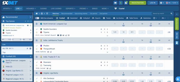 Live football betting screen showing Seattle Sounders vs. Tijuana match in progress on 1xBet, illustrating what happens if football match goes to penalties 1xBet platform.