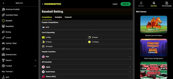 Parimatch baseball betting interface showing competitions, live games, and country options – will Parimatch ban me if I win too much