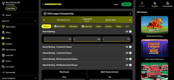 Match betting screen for Birmingham City vs Ipswich Town on Parimatch showing odds and features like Bet Builder and Lucky Dip, useful when exploring what are Parimatch enhanced prices.