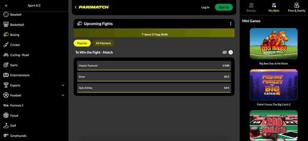 Screenshot of Parimatch showing boxing match odds for Hayato Tsutsumi vs Qais Ashfaq, relevant to the topic “Where does Parimatch get their stats from.”