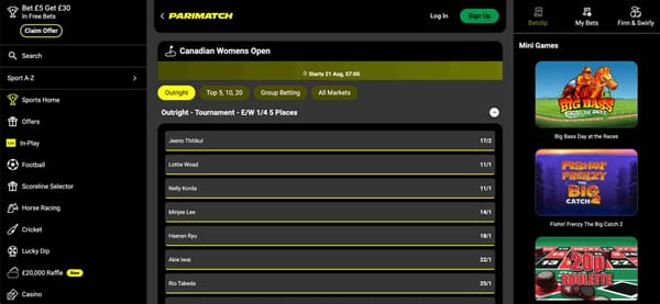 Parimatch outright betting odds for the Canadian Women’s Open with Jeeno Thitikul, Lottie Woad, and Nelly Korda listed as favorites.