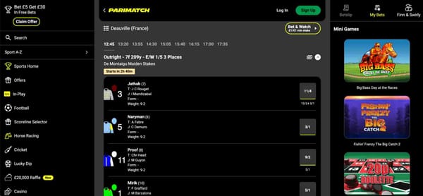 Parimatch horse racing betting odds screen showing Deauville race selections and prices.