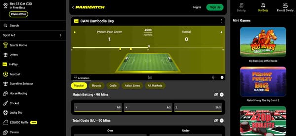 Parimatch live football betting screen showing Phnom Penh Crown vs Kandal match at half time
