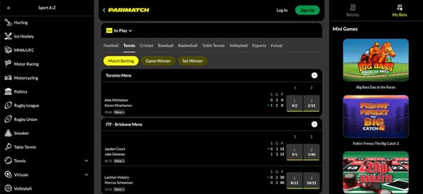 Live tennis betting interface on Parimatch featuring ongoing men’s matches and odds, as part of exploring what is Parimatch safety net bet.