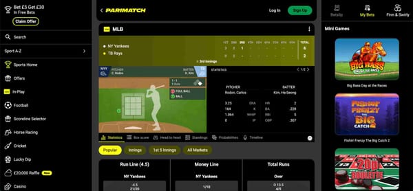 Live MLB betting screen on Parimatch showing NY Yankees vs TB Rays with in-play statistics, an example related to what happens if a game is suspended on Parimatch.