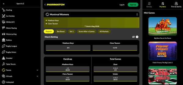 Screenshot of Parimatch match betting interface for the Montreal Women's tennis match, helpful for users exploring Parimatch GCash deposit Philippines options.