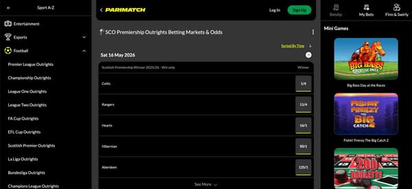 Screenshot of the Parimatch betting platform showing Scottish Premiership outright winner odds, useful for exploring if Parimatch accepts Google Pay for sports betting.