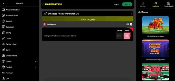 Screenshot of Parimatch UK's bet boost section showing enhanced odds for cricket matches, relevant to exploring if Parimatch is legal in Canada for international students.