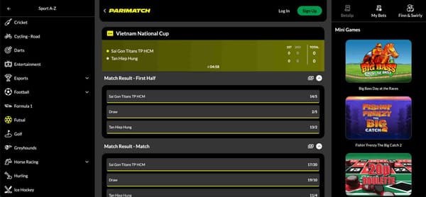 Live betting screen on Parimatch showing Vietnam National Cup match odds, ideal for users exploring Parimatch Neteller deposit options in Bangladesh.