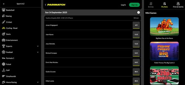 Betting odds for Vuelta a España 2025 on Parimatch showing top cycling contenders; relevant to users wondering “can I use Parimatch with fake name.”