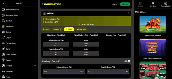 Screenshot of WNBA betting odds on Parimatch, showing first-half markets for Minnesota Lynx vs Seattle Storm — part of the discussion on will Parimatch come back to Ghana.