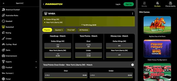 Parimatch WNBA betting odds for Dallas Wings vs New York Liberty, showcasing markets useful for analyzing if Parimatch allows arbitrage betting.