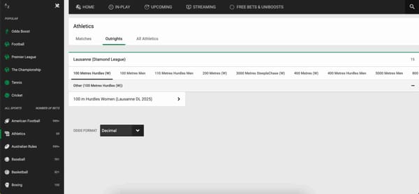 Unibet athletics betting outrights page showing Lausanne Diamond League odds – does Unibet accept Google Pay for deposits?