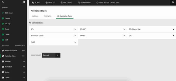 Unibet Australian Rules betting page showing available competitions and odds format selection
