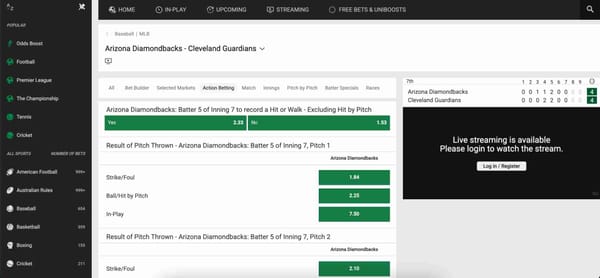 Unibet live betting screen showing Arizona Diamondbacks vs Cleveland Guardians with in-play odds, useful for understanding what happens if a game is suspended on Unibet.