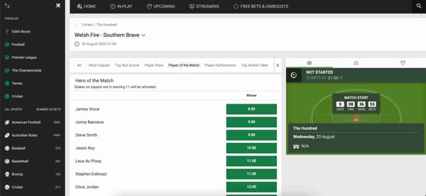 Unibet cricket betting odds for Welsh Fire vs Southern Brave match with player of the match market – useful for users checking Unibet Apple Pay withdrawal declined issues during betting.