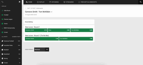Unibet golf betting odds for Cameron Smith vs Tom McKibbin in Indianapolis, showing Round 1 and Tie No Bet options