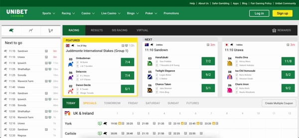 Unibet horse racing page displaying upcoming races, featured odds, and betting markets