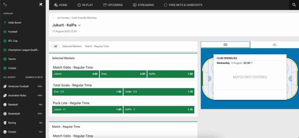Betting odds for Jukurit vs KalPa ice hockey friendly on Unibet, showing match, goals, and puck line markets – does Unibet accept JazzCash Pakistan.