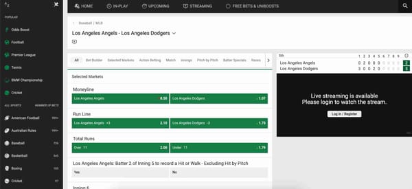 Live MLB betting odds for Los Angeles Angels vs Los Angeles Dodgers on Unibet, showing moneyline, run line, and total runs markets.