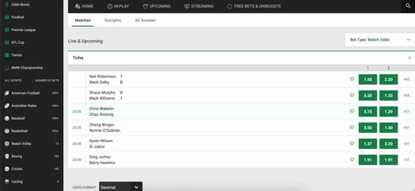 Live snooker match odds on Unibet, showing current scores and betting options, illustrating why can't I cash out on Unibet situations.