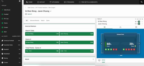 Live table tennis betting odds on Unibet showing Qi Shen Wong vs Javen Choong, with match and game markets — Unibet Neteller deposit Bangladesh guide.