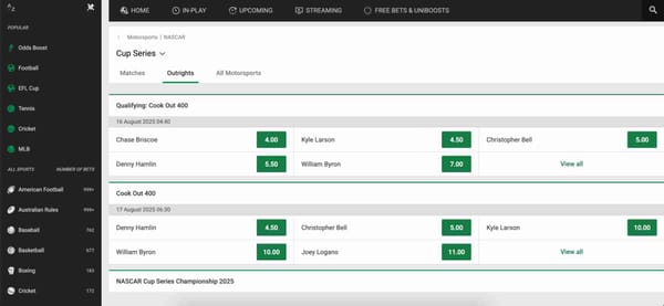 Unibet NASCAR betting odds for Cook Out 400 and Cup Series Championship showing qualifying and race winner markets