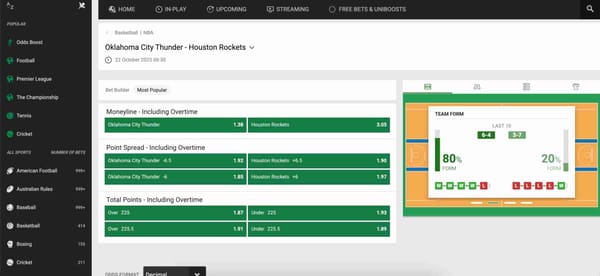 Unibet NBA betting odds for Oklahoma City Thunder vs Houston Rockets showing moneyline, point spread, and total points options.