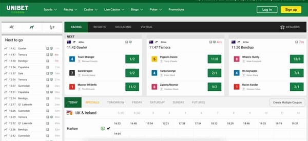Unibet racing interface showing upcoming greyhound races, betting odds, and live race schedule — can Unibet cancel a withdrawal?